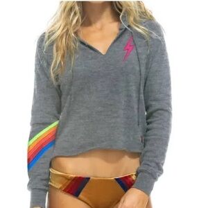 Cropped Aviator Nation Gray Hoodie with Orange and Yellow Accents